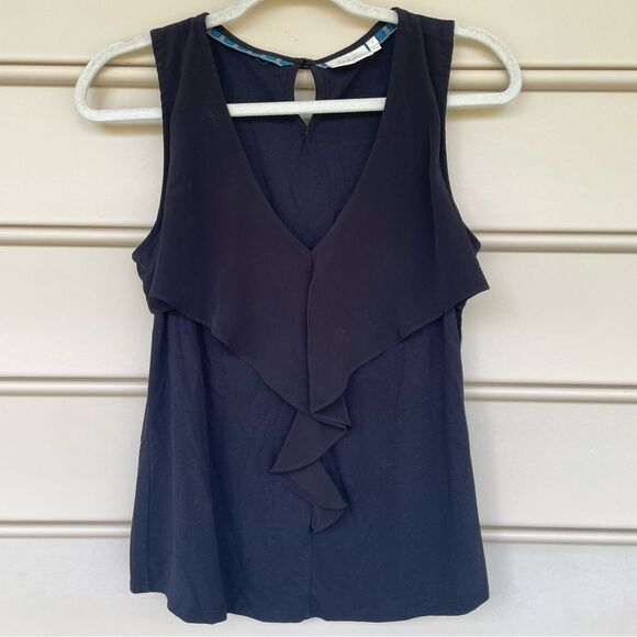 Deletta by Anthropologie Pinna Sleeveless Ruffle Trim Blouse Top Black Women's M - Picture 2 of 7